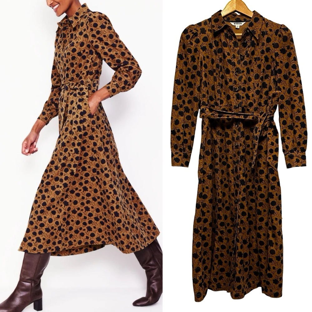 Boden Aubrey Cord Midi Shirt Dress Size 4P Cotton Floral Long Sleeve Belted